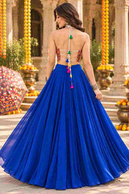 Back view of blue georgette lehenga with tie-up string closure top.
