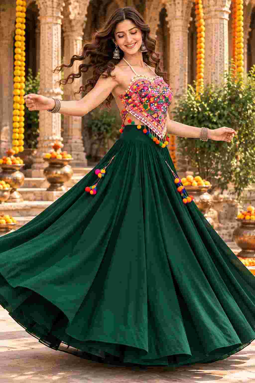 Twirling in green cotton georgette Katchi mirror work lehenga choli.