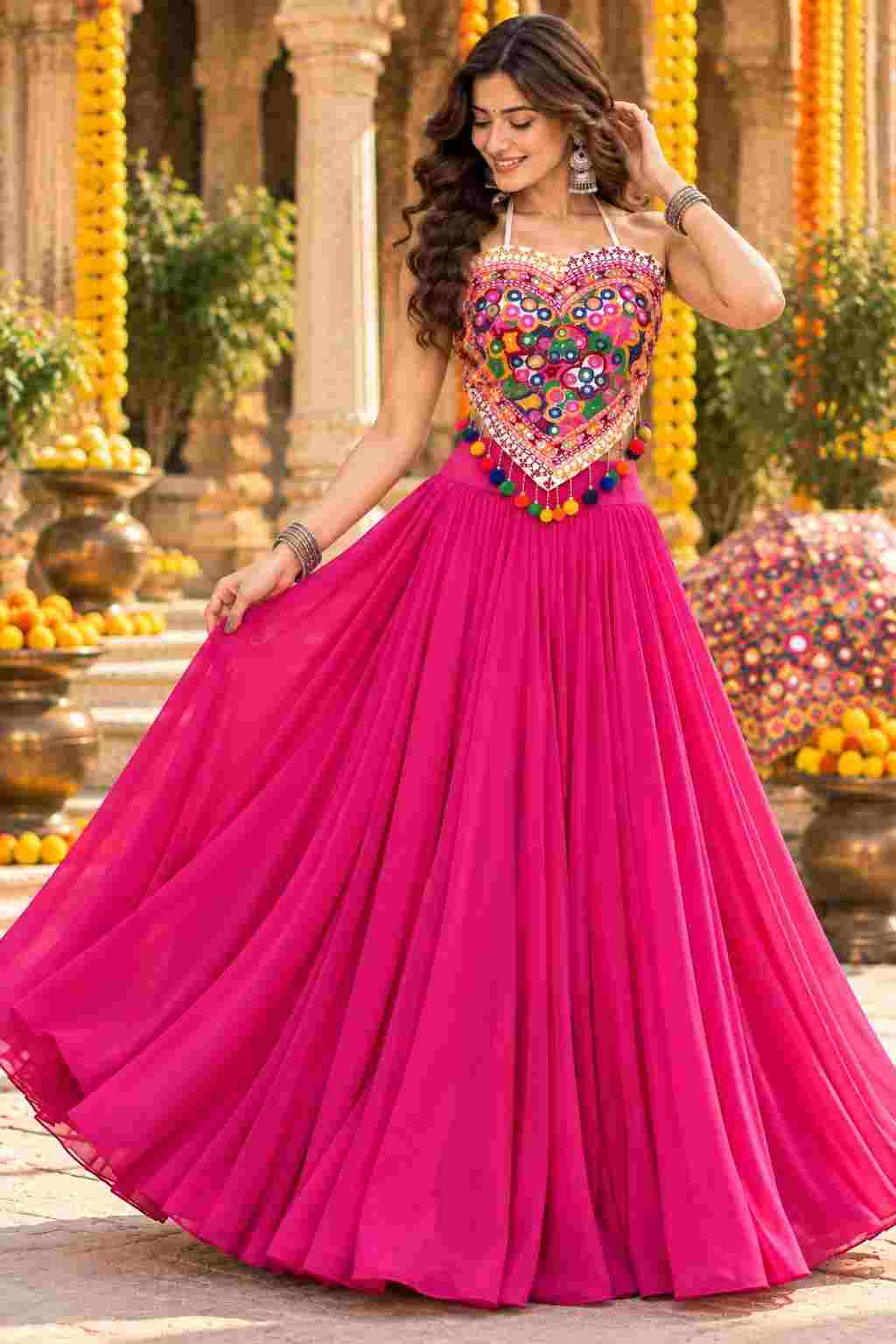 Pink cotton georgette lehenga choli with heart-shaped mirror work top.