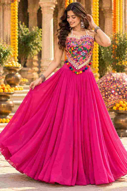 Pink cotton georgette lehenga choli with heart-shaped mirror work top.