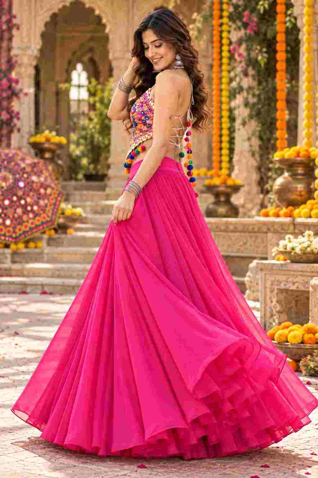 Side pose of pink cotton georgette mirror work lehenga.