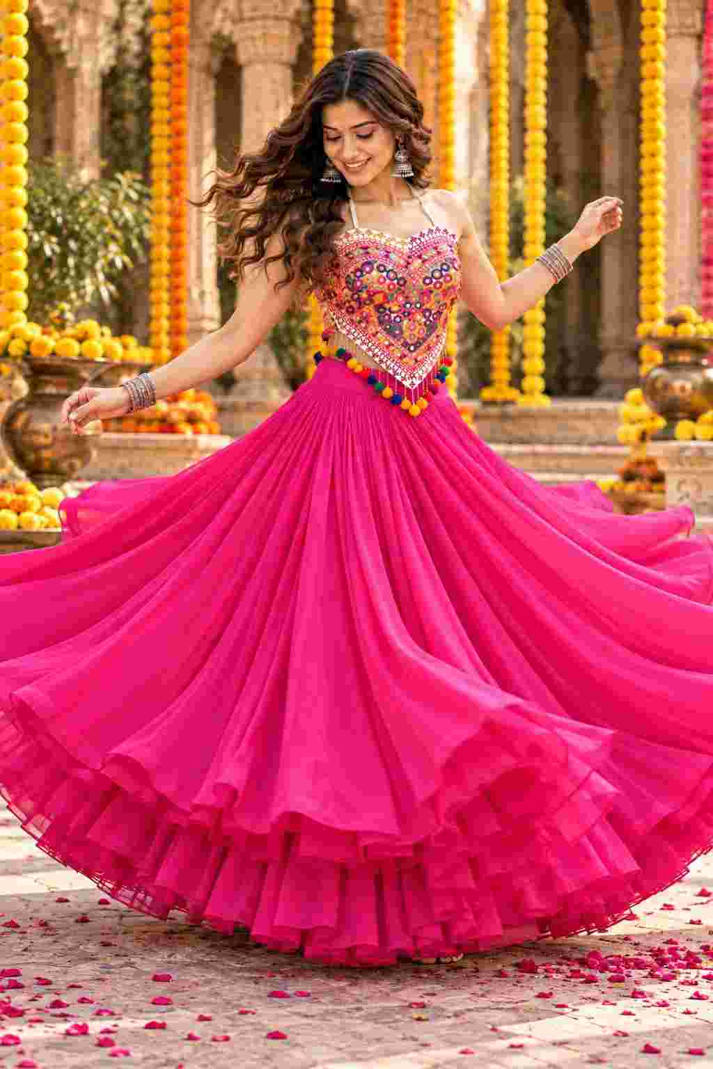 Twirling in pink cotton georgette Katchi mirror work lehenga choli.