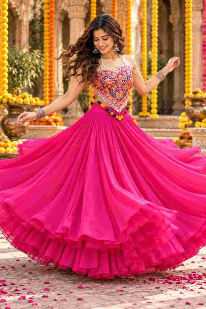 Twirling in pink cotton georgette Katchi mirror work lehenga choli.
