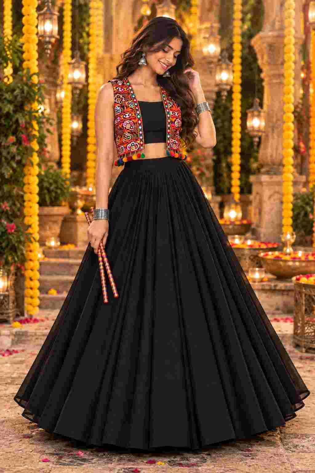 Front full view of a black cotton georgette lehenga choli with a Katchi mirror jacket.