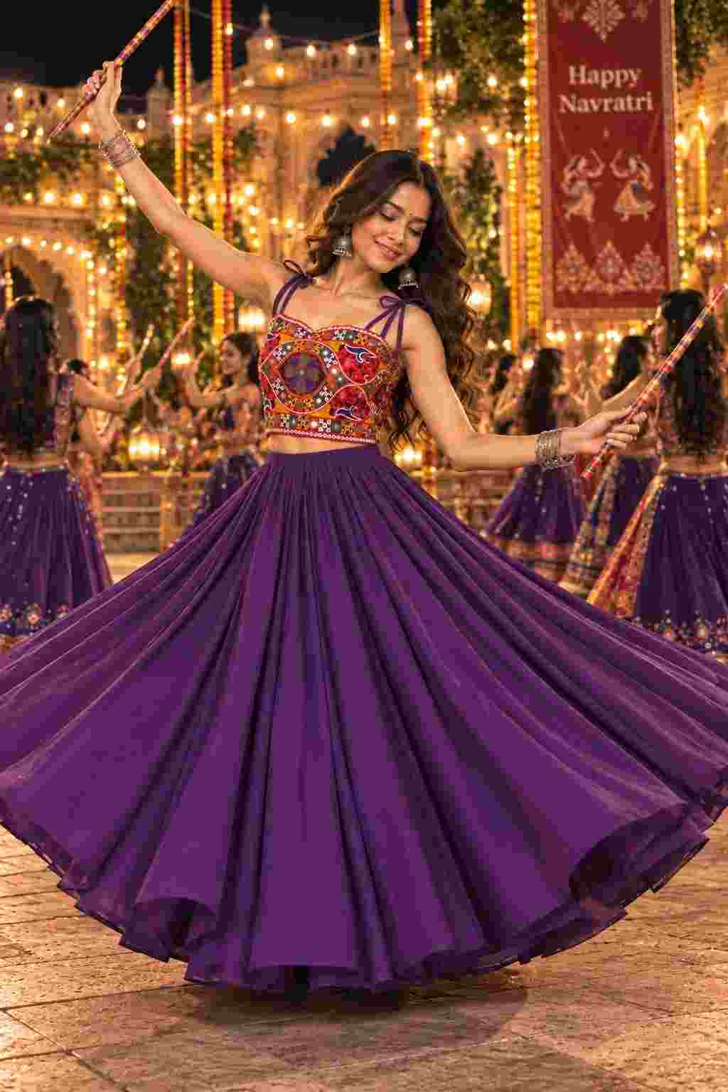 Purple lehenga and embroidered mirror-work choli.   