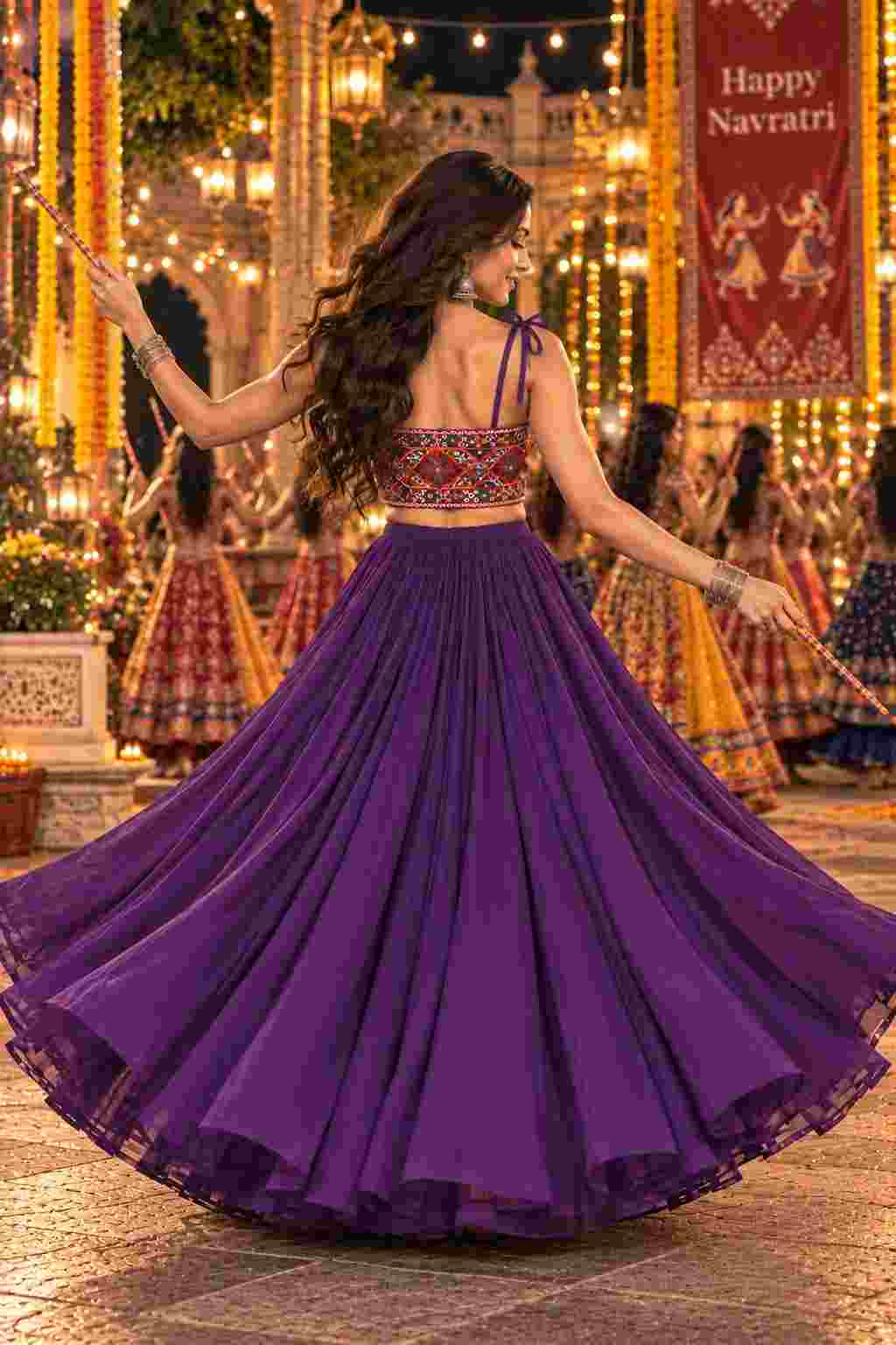 Flared purple lehenga showing tie-up shoulder straps. 