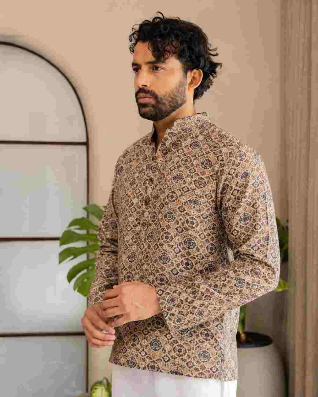 Men's festive fashion outfit with designer prints