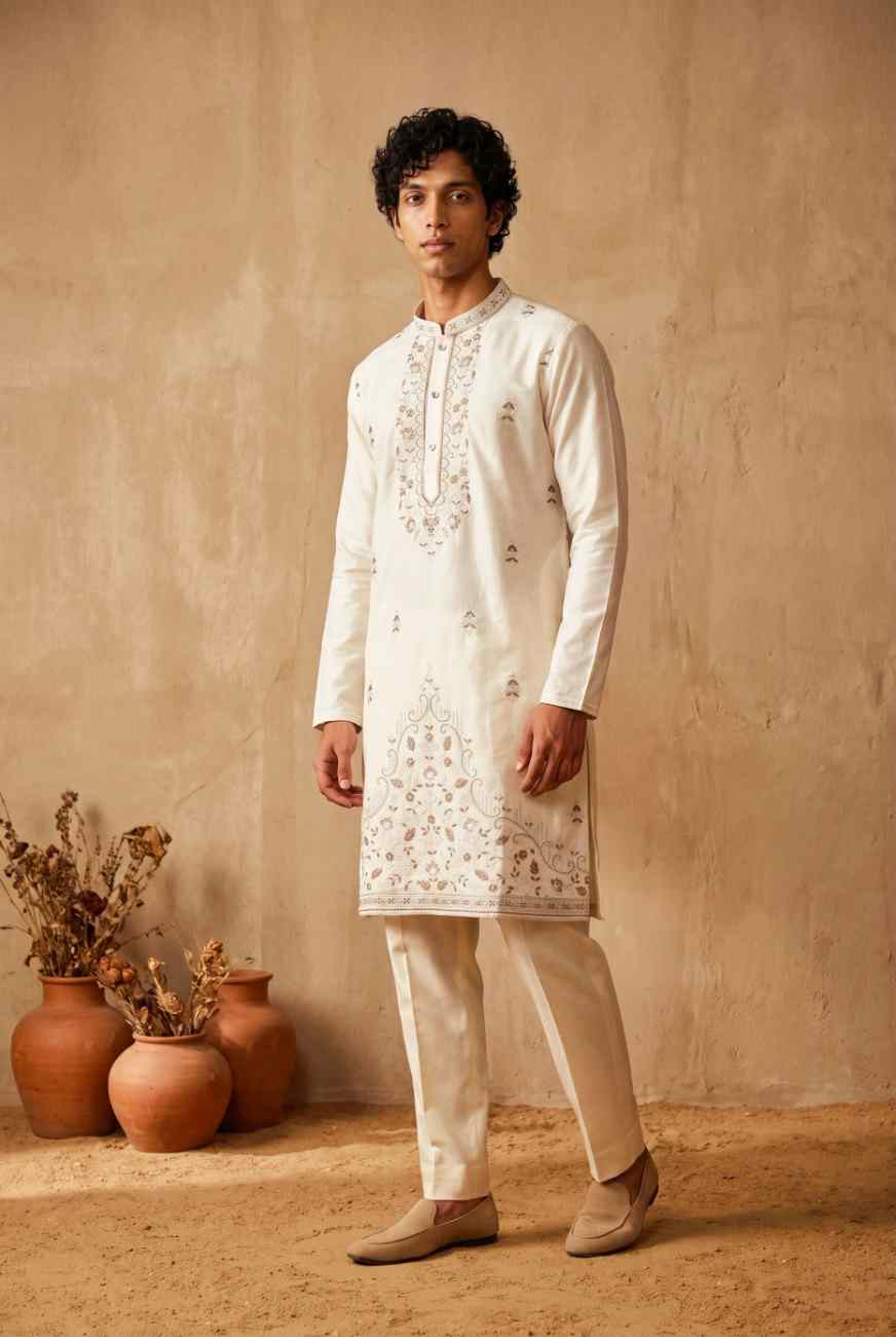 Front view of men's embroidered party wear clothing