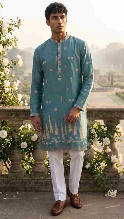 Men's party wear outfit featuring detailed embroidery design