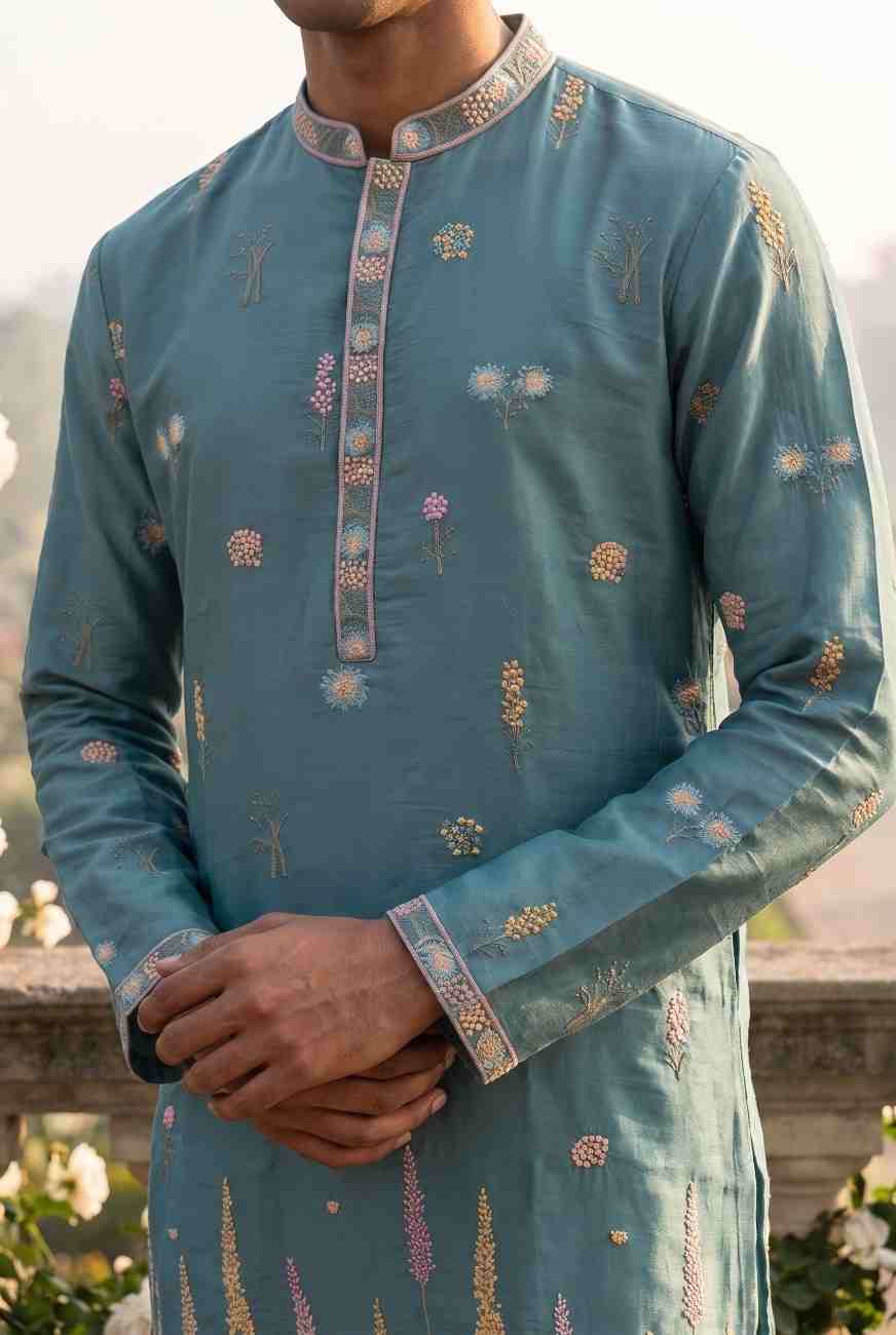 Close-up view of embroidery work on men's silk cotton clothing