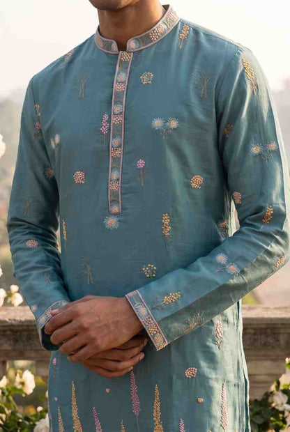 Close-up view of embroidery work on men's silk cotton clothing