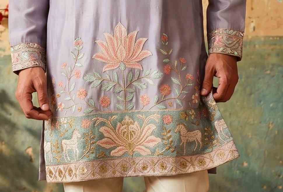 Stylish men's embroidered silk cotton festive wear outfit