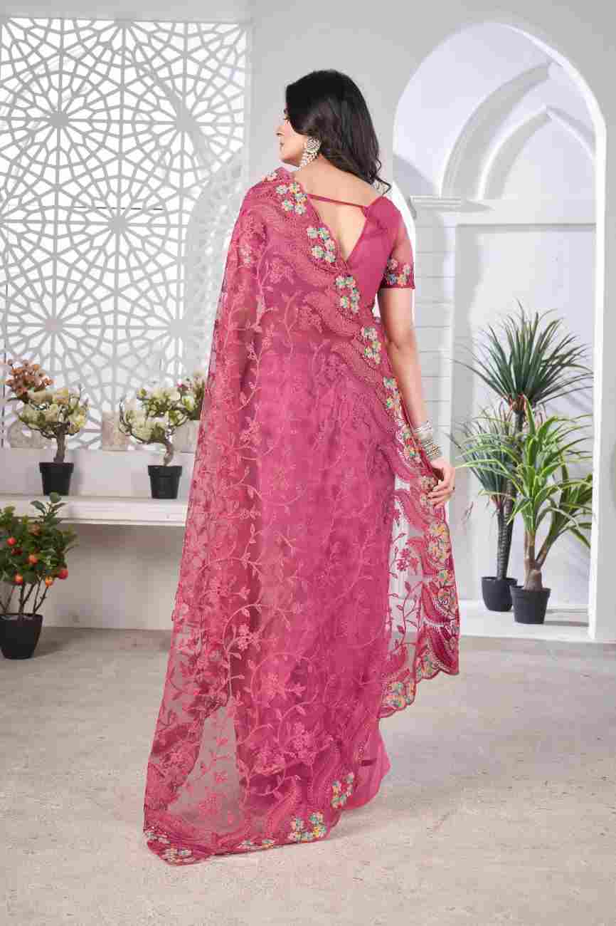 Butterfly net party wear saree with decorative embroidery