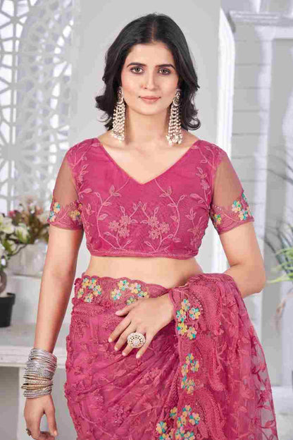 Festive wear saree featuring embroidery and stone embellishments