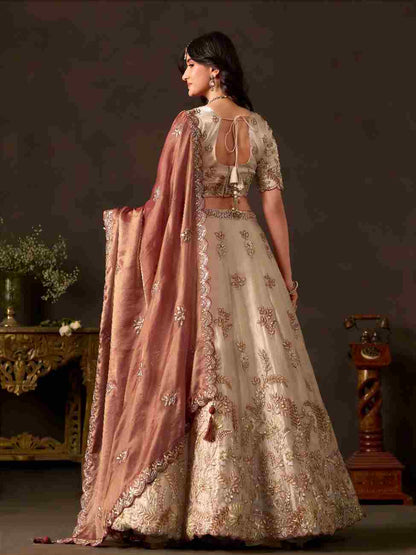 Traditional festive outfit featuring thread and zari work