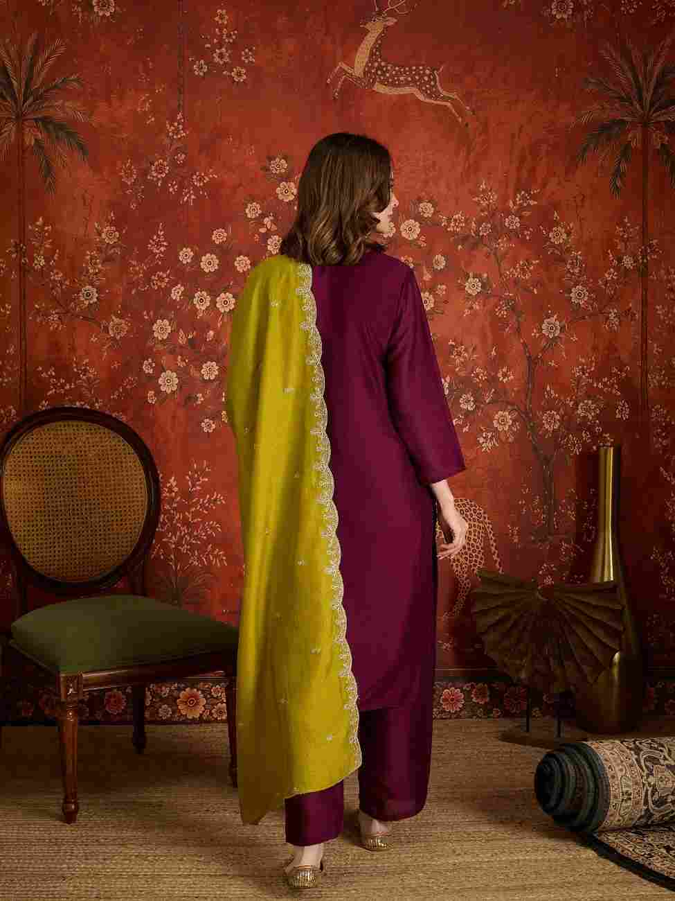 Vichitra embroidered suit with dry clean care instructions