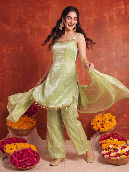 Women's ethnic suit with decorative lace detailing.
