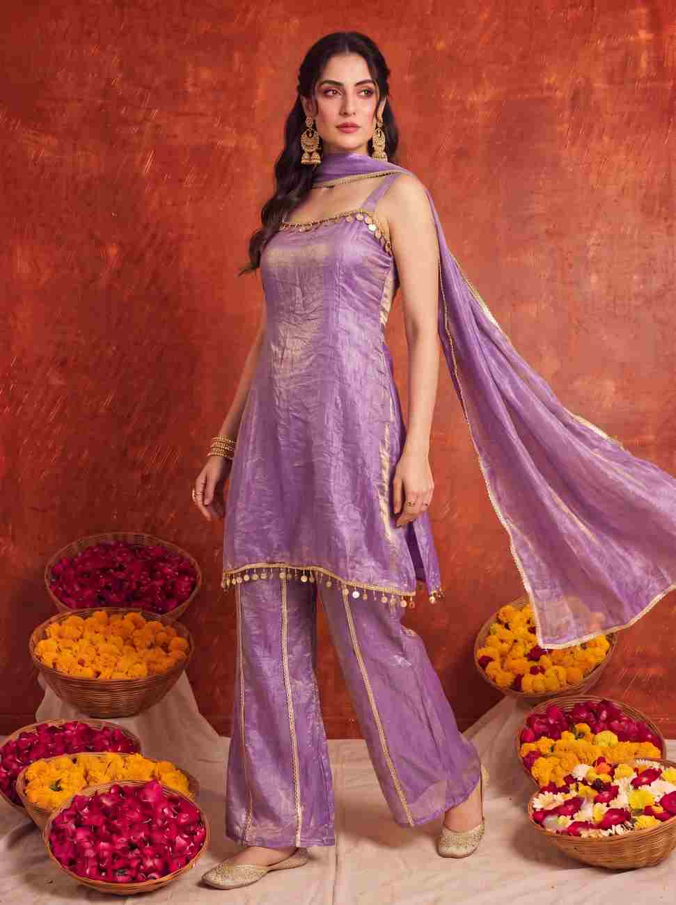 Women's lace work ethnic wear with dry-clean care instructions.