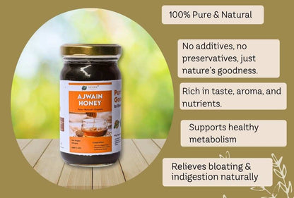 Jar of Ajwain honey with text highlighting its benefits on a green background