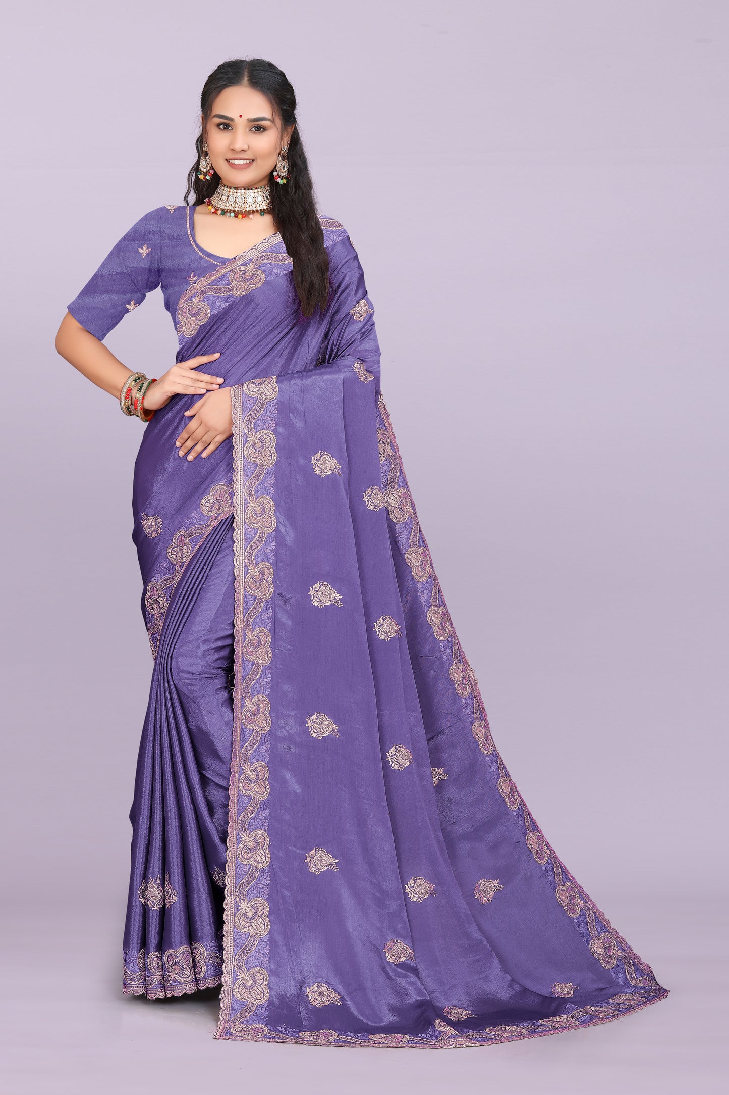 Bhadra designer chinnon saree with swarovski and mirror work festive wear