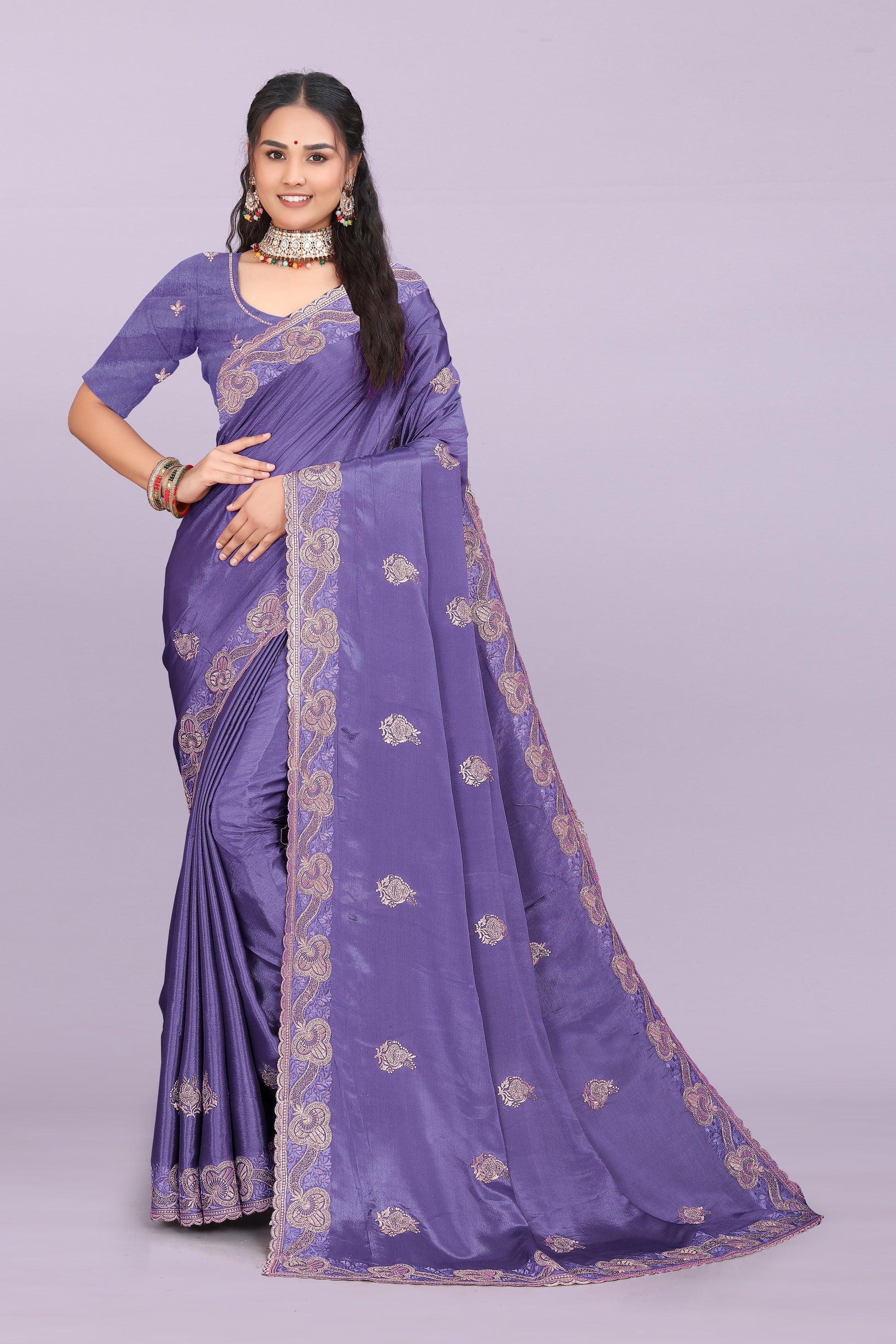 Bhadra designer chinnon saree with swarovski and mirror work festive wear