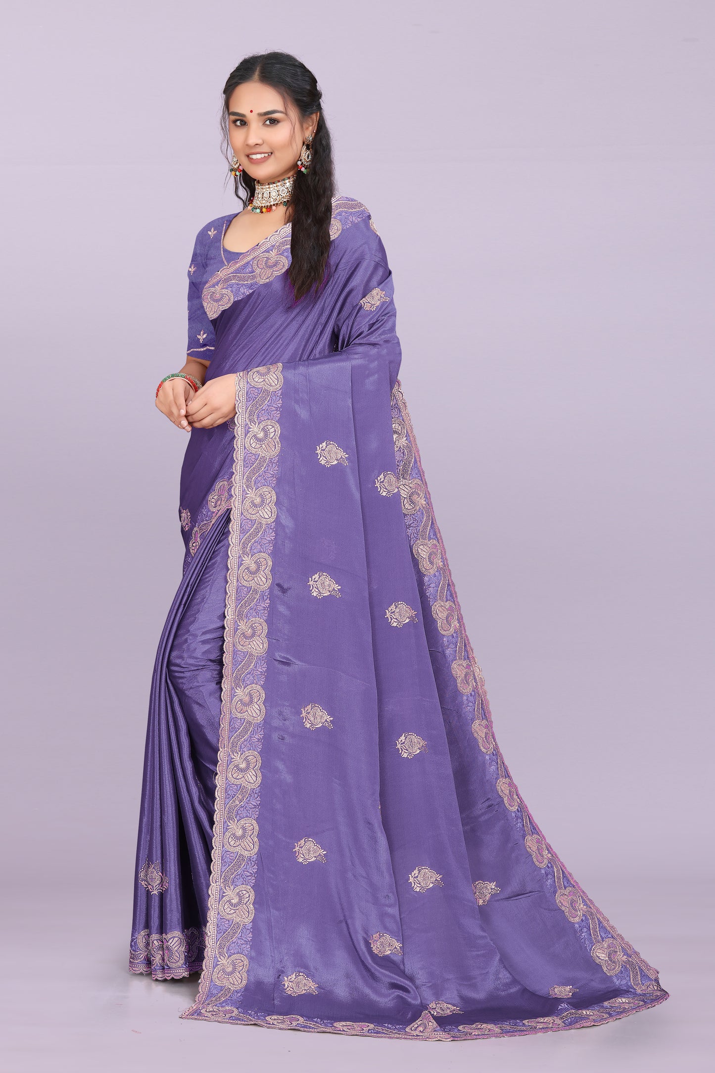 Bhadra designer chinnon saree with swarovski and mirror work festive wear