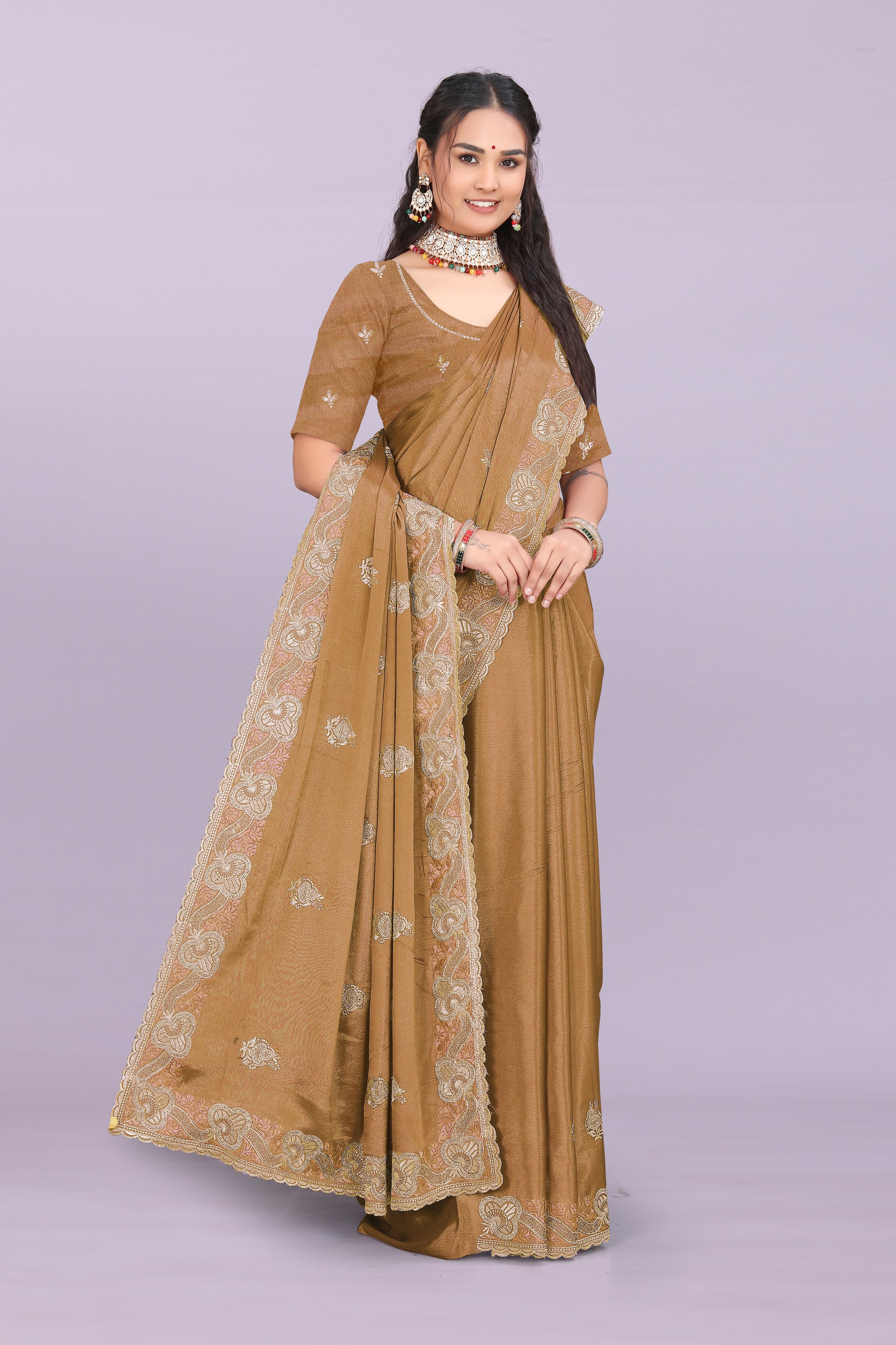 Bhadra designer chinnon saree with swarovski and mirror work festive wear