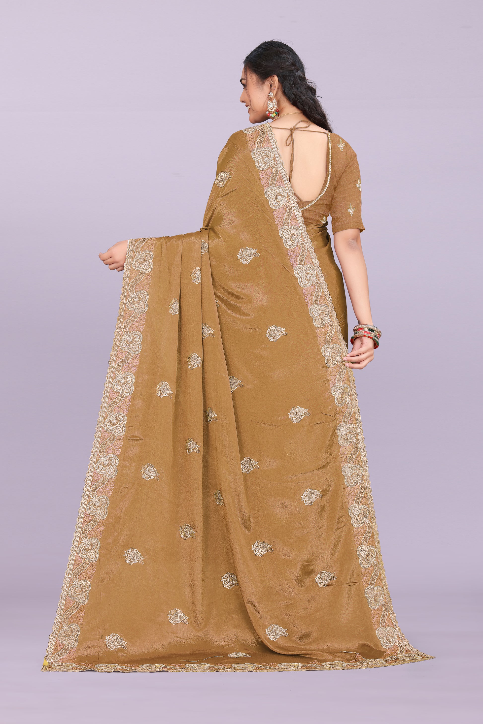 Bhadra designer chinnon saree with swarovski and mirror work festive wear