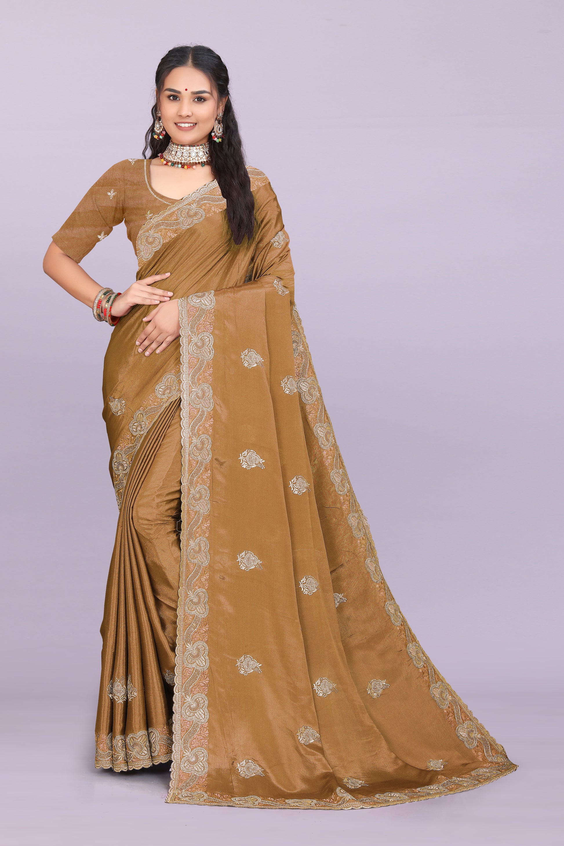 Bhadra designer chinnon saree with swarovski and mirror work festive wear