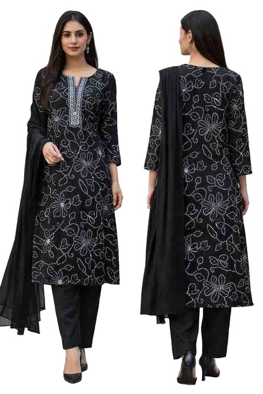 Black Printed German Rayon Kurta Set with Dupatta for Women - indiya Se