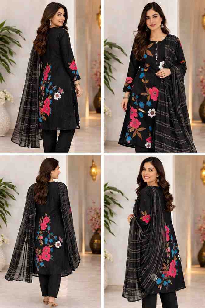 Black floral print kurta set with dupatta for women