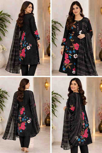 Black floral print kurta set with dupatta for women
