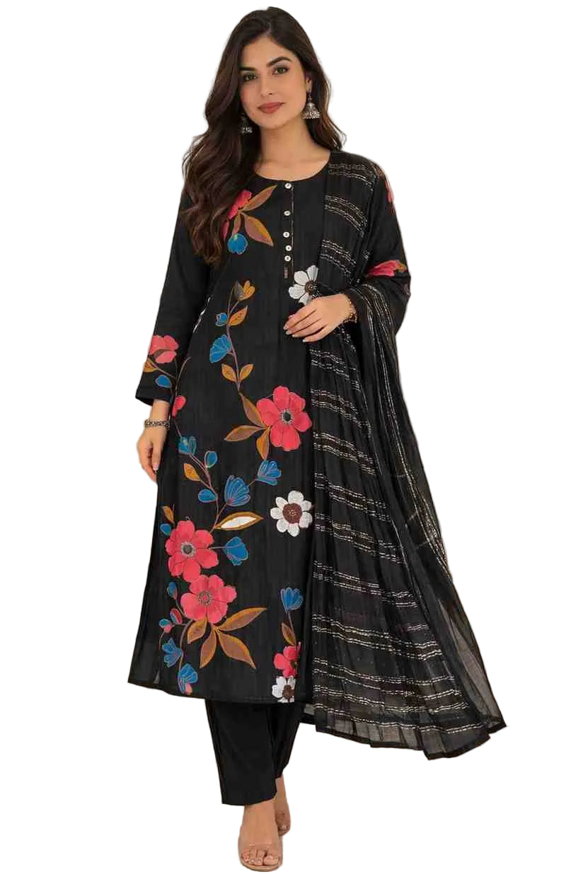 Black floral print kurta set with dupatta and straight pants for women - indiya Se