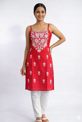Bright red chikankari embroidered strappy kurta sleeveless ethnic wear