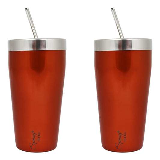 Stainless Steel Tumbler Set (650 ml) with Stainless Steel Lid and Straw – Premium Powder Coated Design for Hot & Cold Beverages (Set of 2, Color Options- Gold, Blue, Green)