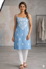 Chikankari Embroidered Strappy Kurta — Sky Blue