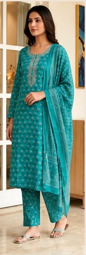 Teal Cotton 3 Piece Kurta Set for Women kurta pant dupatta ethnic wear