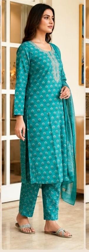 Teal cotton ethnic wear kurta set close up design