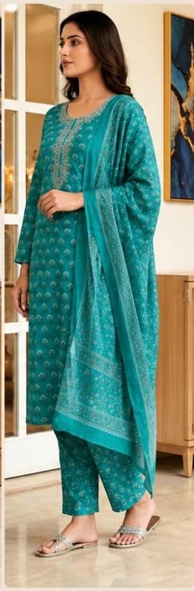 Teal Cotton Kurta Set for Women side profile view