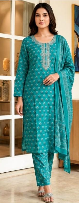 Teal Cotton Kurta Set for Women with pant and dupatta front view