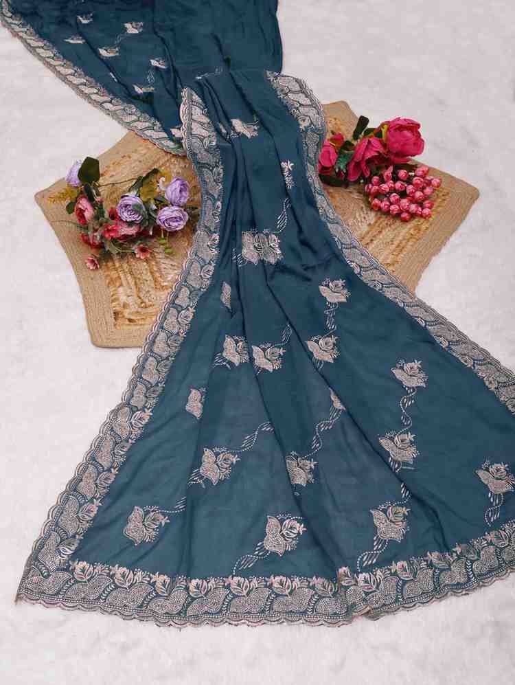 Devi womens georgette saree with embroidery mirror and swarovski work festive wear