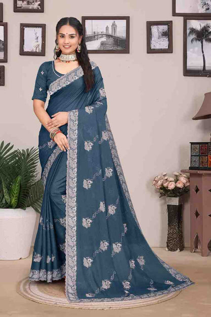Devi womens georgette saree with embroidery mirror and swarovski work festive wear