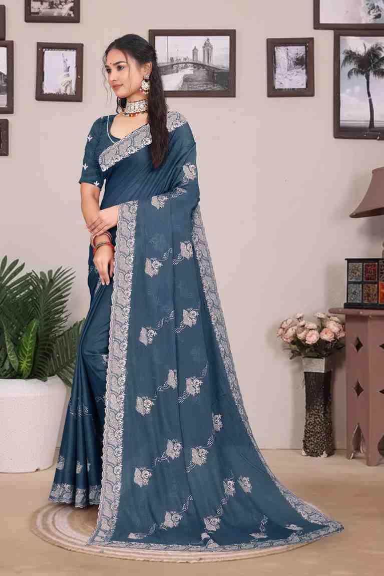 Devi womens georgette saree with embroidery mirror and swarovski work festive wear