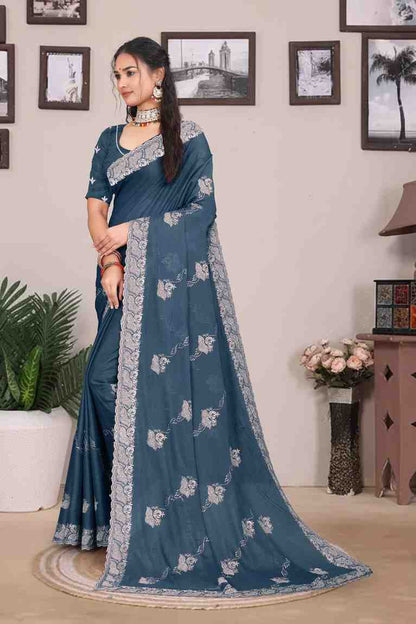 Devi womens georgette saree with embroidery mirror and swarovski work festive wear