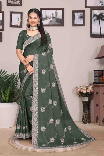 Devi womens georgette saree with embroidery mirror and swarovski work festive wear