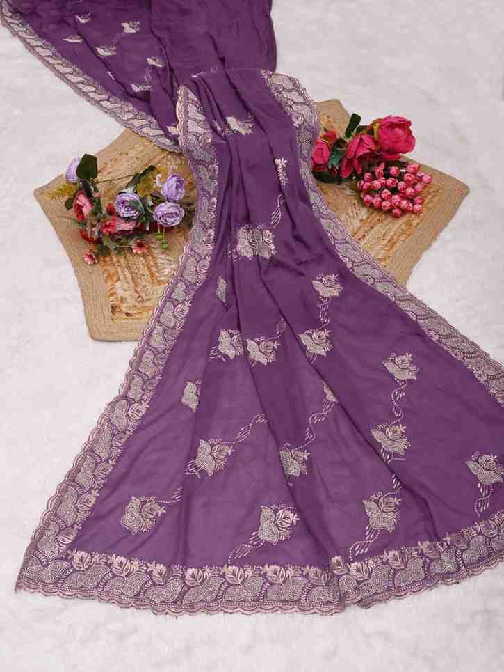 Devi womens georgette saree with embroidery mirror and swarovski work festive wear