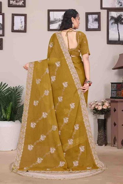 Devi womens georgette saree with embroidery mirror and swarovski work festive wear