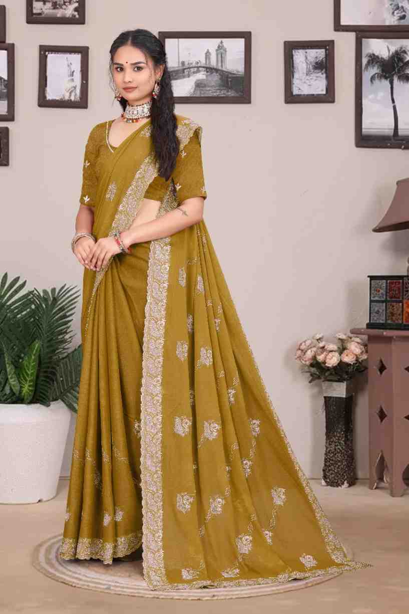 Devi womens georgette saree with embroidery mirror and swarovski work festive wear