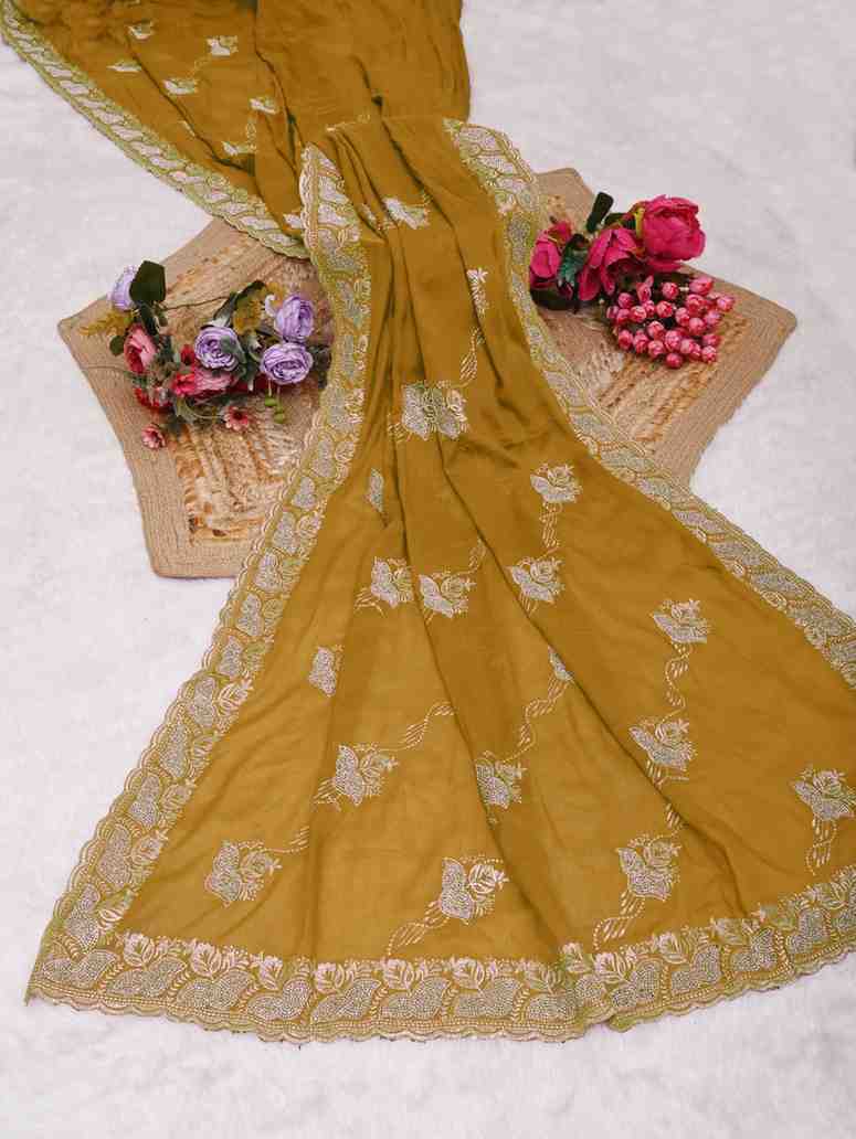 Devi womens georgette saree with embroidery mirror and swarovski work festive wear
