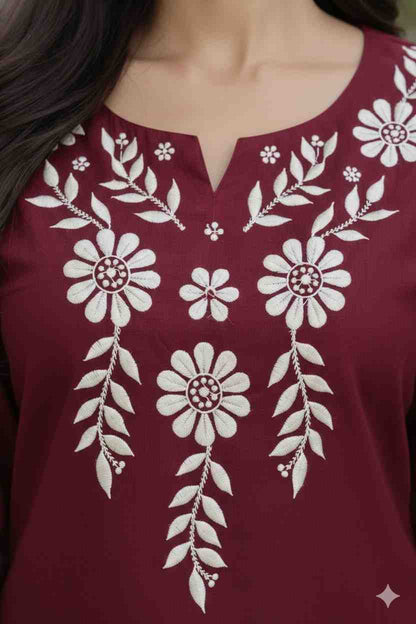 Women ethnic cotton short chikankari kurta close up embroidery